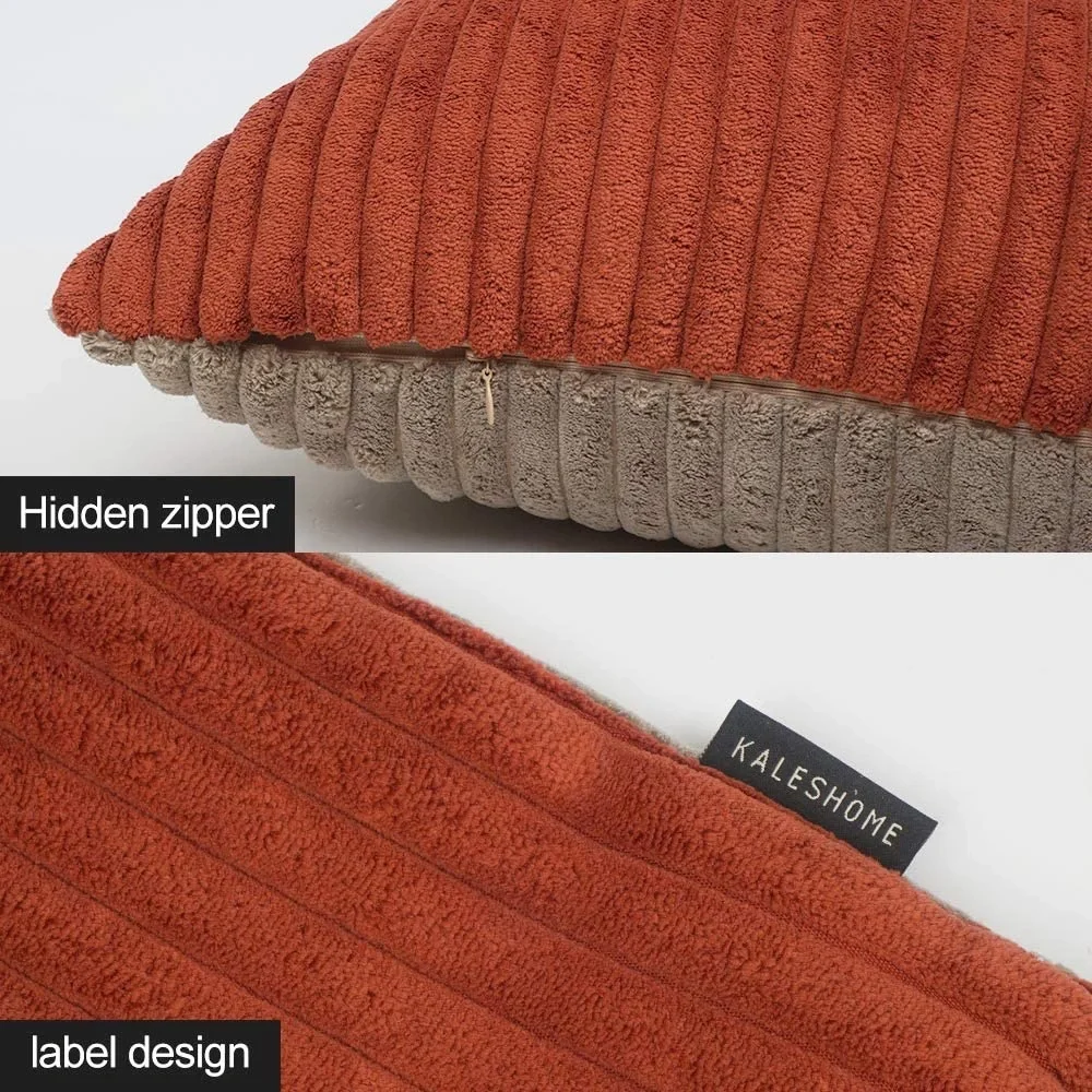 Luxury Home | Boho Orange & Beige Color Block Corduroy Stripe Throw Pillow Cover
